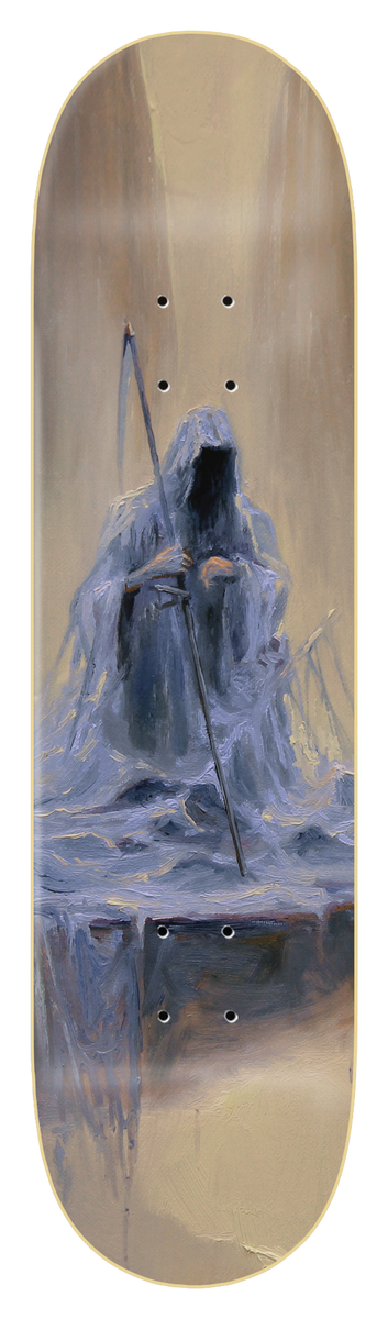 Zero Cole - Above The Abyss skateboard deck: Painterly image of a hooded, cloaked grim reaper figure holding a scythe, seated among icy blue-grey drapery against a pale beige background.