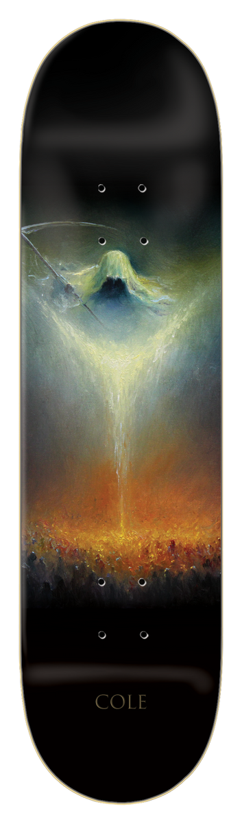 Zero Cole - Angel Of Death III 8.25 skateboard deck: A painterly scene of a hooded, scythe-wielding reaper figure above a funnel of pale light pouring onto a glowing orange crowd below, fading to black. The rider name is at the tail.