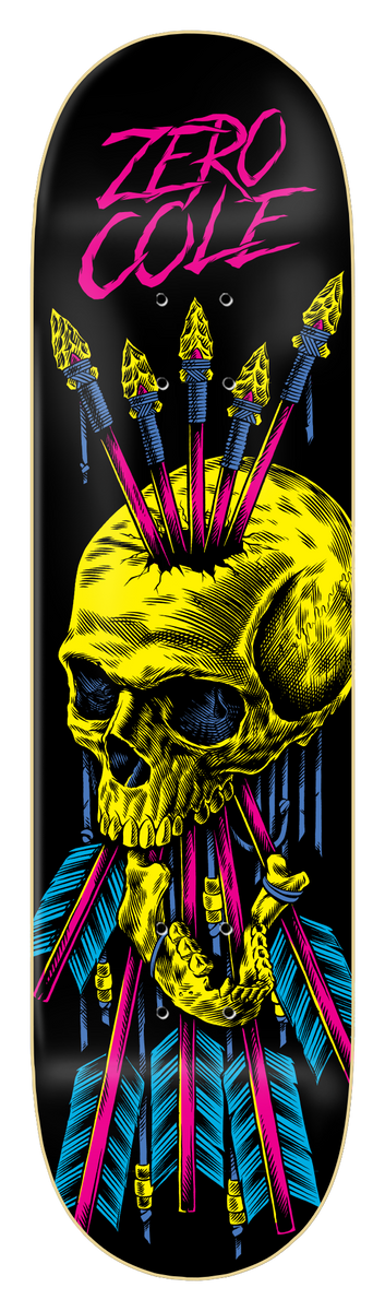 Zero Cole - Black Light skateboard deck: Yellow skull pierced by five arrows with blue fletching, drawn in blacklight neon style on black. Pink brush lettering at top.