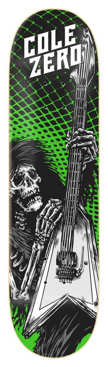 Zero Cole - Death Rocker (Green) skateboard deck: A skeleton in long hair plays a flying V guitar in front of a green halftone and chain-link pattern, with bold white rider and brand lettering at the top.