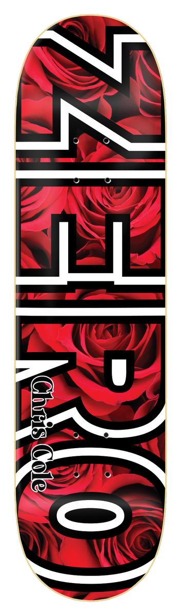Zero Cole - Floral Bold skateboard deck: Large ZERO block letters in black and white outline filled with a photographic pattern of red roses, on a black deck, with Chris Cole written along the lower letters.