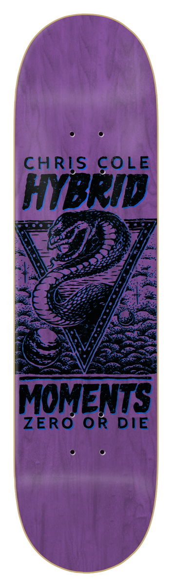 Zero Cole - Hybrid Moments skateboard deck: A coiled cobra inside an inverted triangle with a starry border and rolling clouds, printed in black and blue over a purple stained deck, with large lettering above and below.