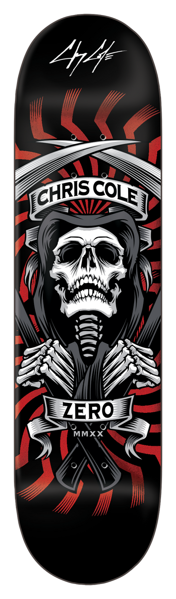 Zero Cole - Mmxx Reaper (Red Foil) skateboard deck: Grim reaper skull in a dark hood with crossed scythes and skeletal hands, framed by banners reading CHRIS COLE and ZERO MMXX, over red swirling rays on a black deck. Signature at the top.