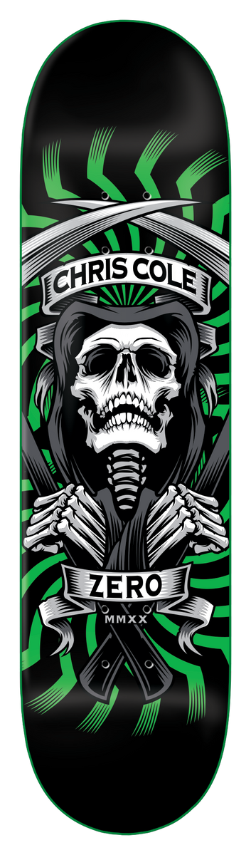 Zero Cole - Mmxx Reaper skateboard deck: Skull in a hooded reaper robe with skeletal hands crossed over a scythe, with ribbon banners reading CHRIS COLE and ZERO MMXX, against green swirling rays on black.