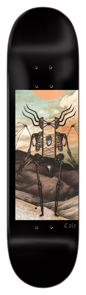 Zero Cole - Muff - 8.375 skateboard deck: Black deck with a rectangular painted panel showing a winged skeleton figure with antler-like horns in a desert landscape under a pale orange sun. Cole in small gothic script below.