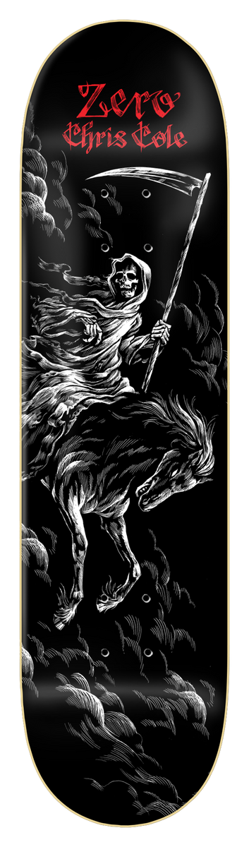 Zero Cole - Og Pale Horse skateboard deck: Engraving-style grim reaper in a hooded robe holding a scythe and riding a rearing horse through swirling clouds, in white on black. Red blackletter 'Zero Chris Cole' at the top.