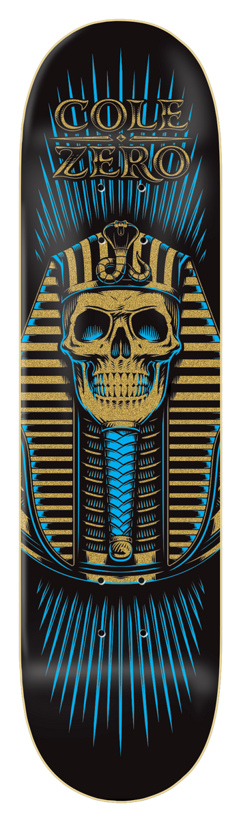Zero Cole - Pharaoh 8.25 skateboard deck: Black deck with a gold skull wearing an Egyptian pharaoh headdress with a cobra, and a blue striped beard, framed by blue radiating lines. Rider and brand names in gold at the top.