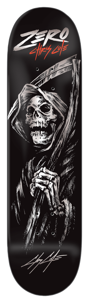 Zero Cole - 05 Reaper (Silver Foil) skateboard deck: Silver foil grim reaper with a skull face under a hood, holding a scythe with a skeletal hand, on black. Red and white name lettering above and a signature below.