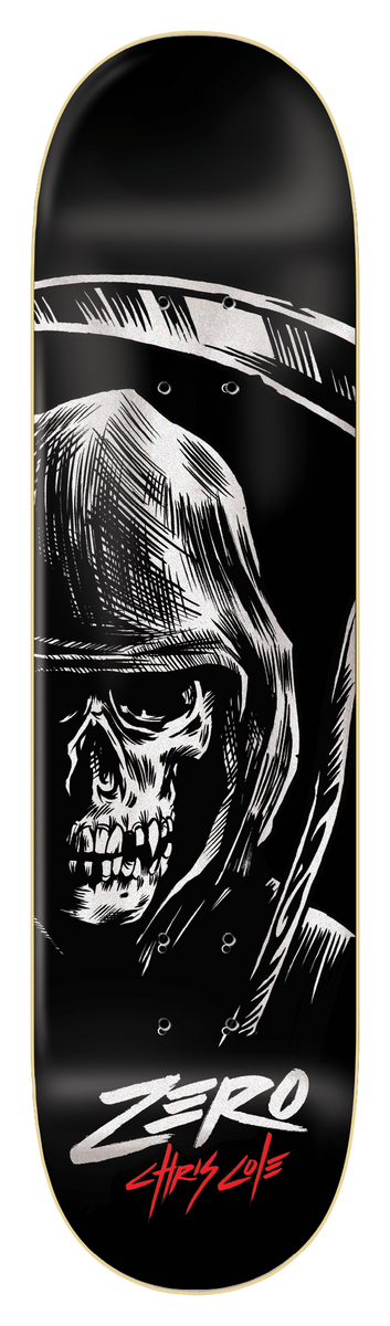 Zero Cole - Reaper skateboard deck: A hooded grim reaper skull in black and white with a curved scythe blade arcing behind it, drawn in a rough inked style on a black deck. Zero logo and red signature-style name at the tail.
