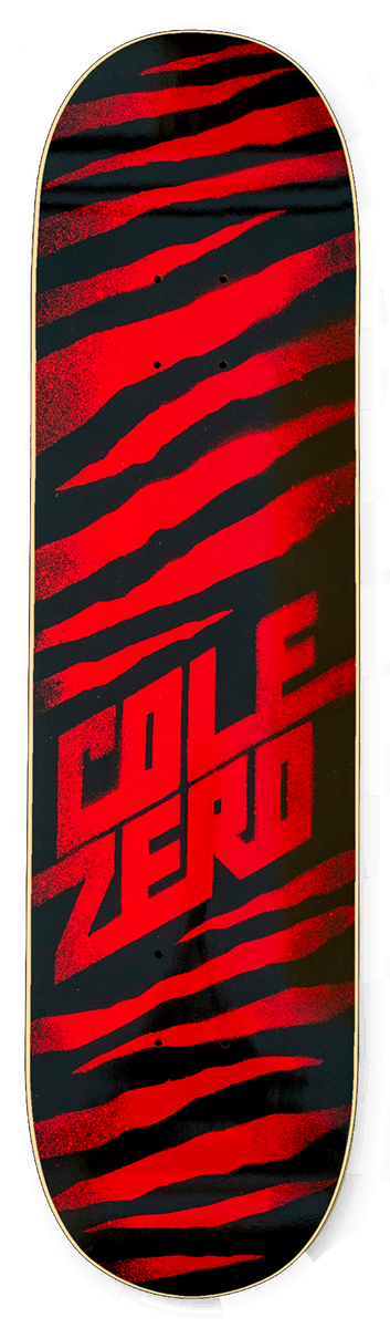 Zero Cole - Ripper skateboard deck: Red and black tiger-stripe pattern in a spray-stencil style across the whole deck, with Cole and Zero in blocky angular red lettering stacked in the lower half.