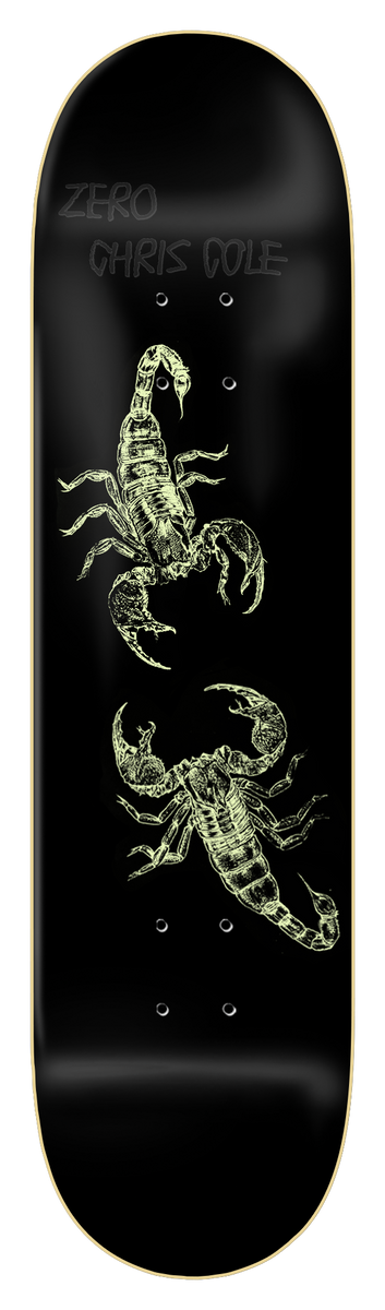 Zero Cole - Scorpions - 8.5 skateboard deck: Two pale glow-style line drawings of scorpions facing each other in opposite directions on a black deck, with rider and brand name in grey at the top.