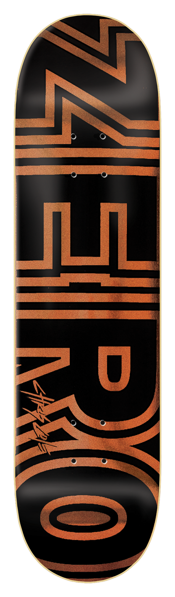 Zero Cole - Signature Bold skateboard deck: Giant outlined ZERO lettering in distressed copper-orange fills the deck on black, stacked with the letters cut off at the edges, with a small signature near the bottom left.