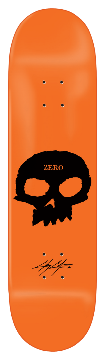 Zero Cole - Signature Single Skull skateboard deck: Large black Zero skull with ZERO in small gold lettering on its forehead, and a signature below, on a plain bright orange deck.