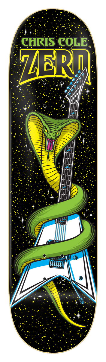 Zero Cole - Stardust skateboard deck: Green cobra coiled around a white and blue flying-V electric guitar, set against a black starry space background with yellow speckles. Chris Cole name and Zero logo in yellow-outlined lettering across the top.