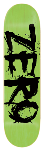 Zero Blood Pricepoint skateboard deck: Large black brush-painted Zero lettering with splatters running down a lime green deck.