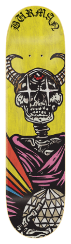 Zero Boss Dog II - Burman skateboard deck: A horned skeleton with a red third eye wears a pink cloak and grips a faceted disco-ball-like globe, with rainbow stripes at the left, on a yellow stained deck. Name in gothic lettering at the nose.