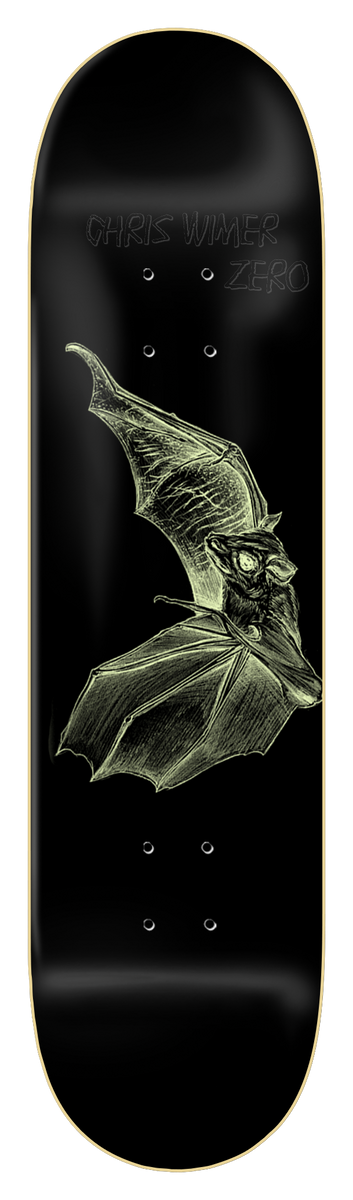 Zero Wimer - Bat - 8.0 skateboard deck: A sketched pale-green bat with outstretched wings on a black deck, with the rider name and brand in faint grey lettering across the top. Thin cream edge outline.
