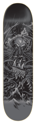 Zero Cthulhu - Brockman skateboard deck: Greyscale illustration of a giant tentacled Cthulhu-like octopus monster rising from stormy seas, wrapping a sailing ship in its tentacles, with rain and a small figure on rocks below.