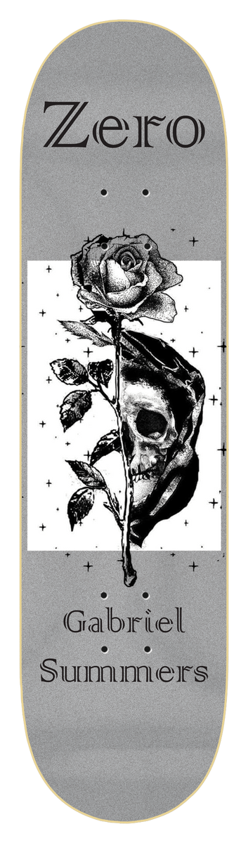 Zero Darkness - Summers 8.5 skateboard deck: A stippled black and white rose with a skull behind it, in a white panel with small stars, on a grey deck. Zero in serif lettering at the top and the rider's name at the bottom.