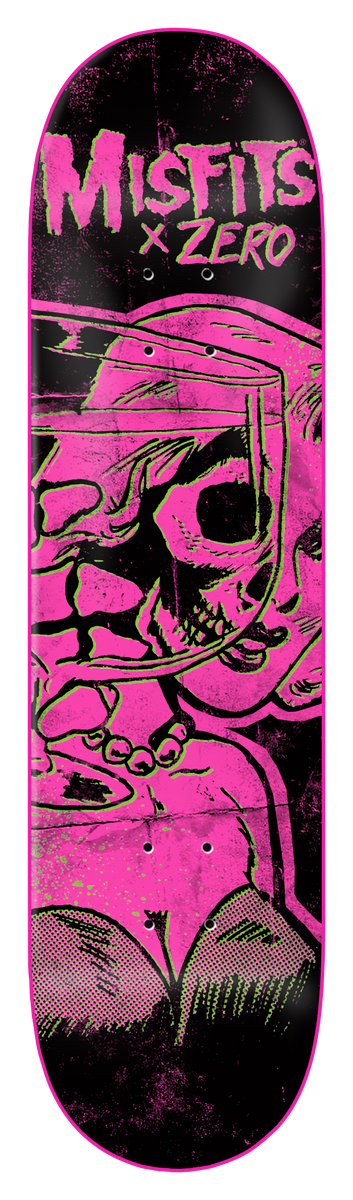 Zero Die Die - Pink Dipped 8.25 skateboard deck: Black deck with Misfits x Zero lettering at the top and a rough pink and green print of a skull peering from a woman's face with a pearl necklace, with a pink edge dip.