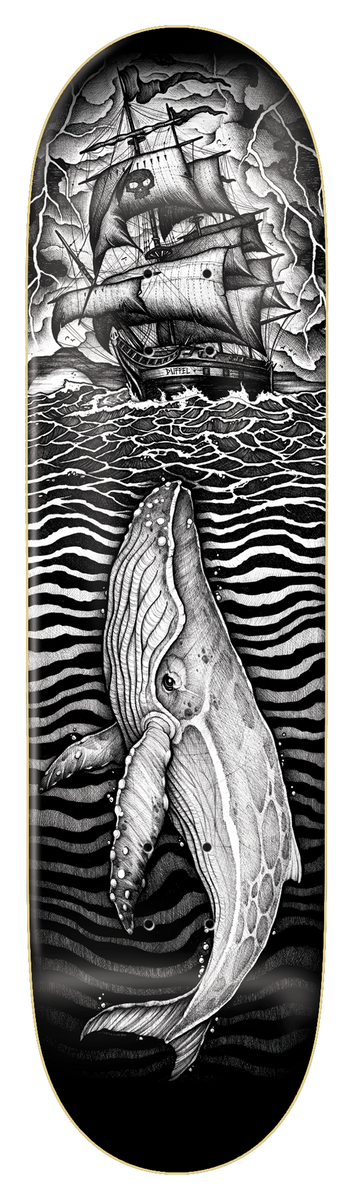 Zero Duffel Guest Board skateboard deck: Black and white pen illustration of a tall sailing ship with a skull flag in a stormy sky above rolling waves, with a large humpback whale diving below the water on a black deck.