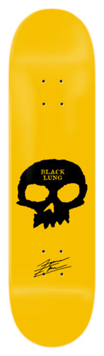 Zero Forrest - Signature Skull 8.25 skateboard deck: Large black Zero skull on a yellow deck with Black Lung in small gold letters across its forehead, plus a signature below.