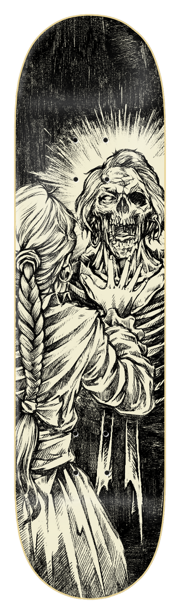 Zero Enchanted - Deaths Reflection 8.5 skateboard deck: Black-and-white engraved illustration of a long-haired braided figure facing a decaying skeletal figure with a glowing halo of rays, as if in a mirror.