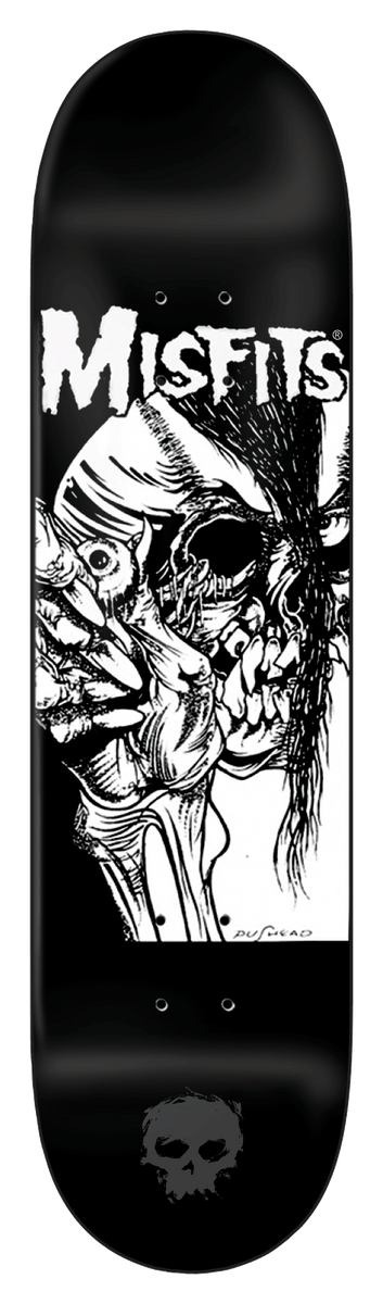 Zero Evil Eye skateboard deck: Black deck with a white MISFITS logo above a black and white ink drawing of a skeletal hand holding a skull with an eyeball, an artist's signature at the lower right. A small Zero skull sits at the bottom.