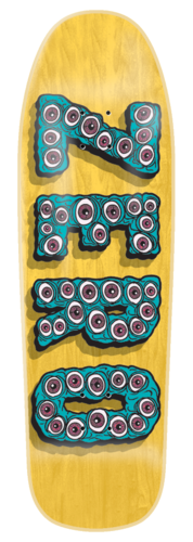 Zero Evil Eyes - 9.5 skateboard deck: Brand name in large stacked capitals made of teal slime-like shapes covered in bloodshot eyeballs, on a yellow stained old-school shaped deck.