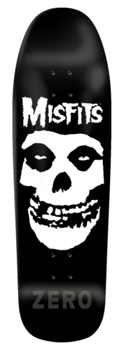 Zero Fiend - 9.5 skateboard deck: Old-school shaped black deck with a white outline, a white MISFITS logo above a large white skull face, and ZERO in dark grey at the foot.