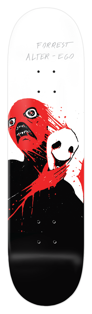 Zero Forrest - Alter - Ego - White Dip 8.5 skateboard deck: A red-faced, screaming figure with a splattered red mask clutches a pale white animal-like face against a black body shape, in a stark ink style on a white deck with a black base.