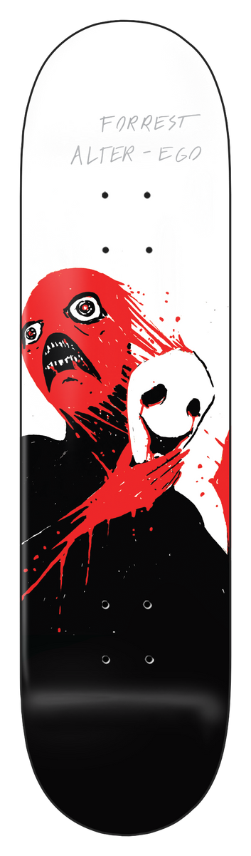 Zero Forrest - Alter - Ego 8.5 skateboard deck: A red-faced screaming figure with a black body has a hand at its neck, while a white pig or animal mask with a black snout is held against it, splattered with red. Grey handwritten-style name text at the top.