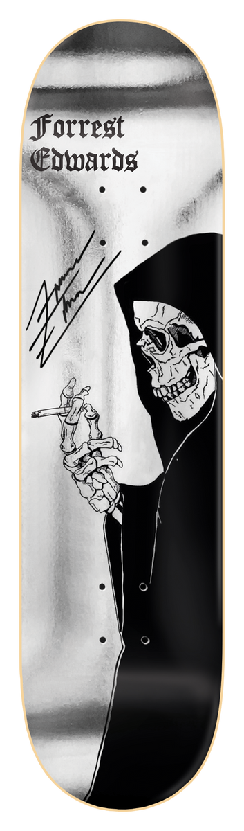Zero Forrest - Black Death *signed* 8.25 skateboard deck: Hooded skeleton reaper in black robes smoking a cigarette, drawn in a stark line style against a chrome silver background. Rider name in gothic type at top with a printed signature.