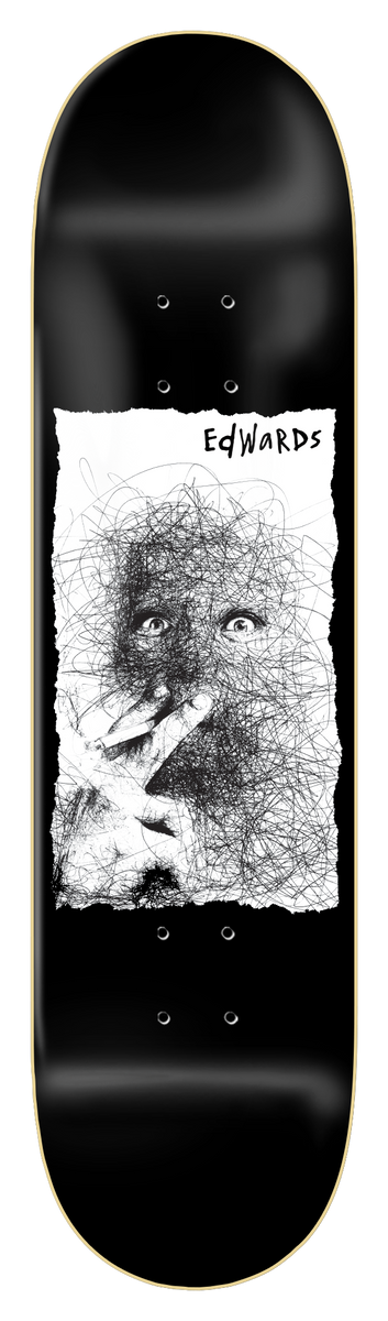Zero Edwards - Ilo Ballpoint skateboard deck: Scribbled ballpoint-pen drawing of a wide-eyed face with a hand holding a cigarette, on a torn white paper panel on a glossy black deck, with the rider name handwritten at the top.