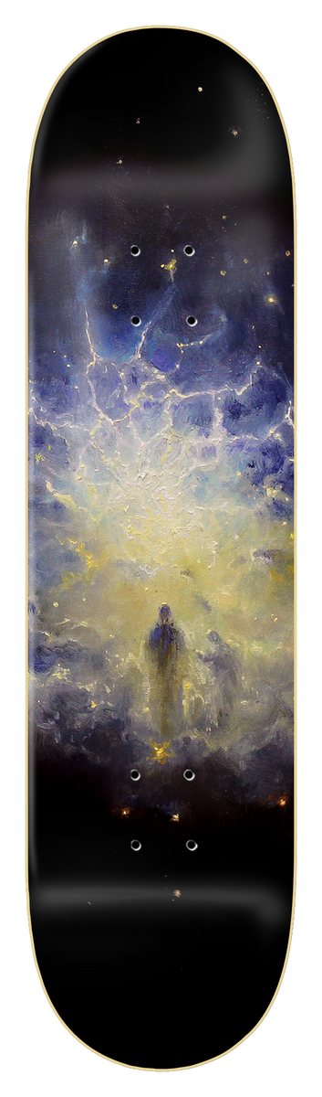 Zero Forrest - Miracle Of Creation skateboard deck: Painted cosmic scene of two robed figures standing in a glowing nebula of blue and yellow clouds with lightning-like veins and scattered stars, fading to black at the ends.