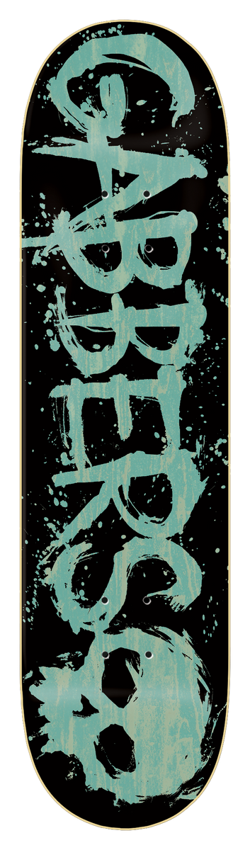 Zero Gabbers Blood - Pastel 8.0 skateboard deck: Black deck with the word GABBERS in large splattered, brush-painted pastel green capitals running the length of the board, with a skull shape at the tail.