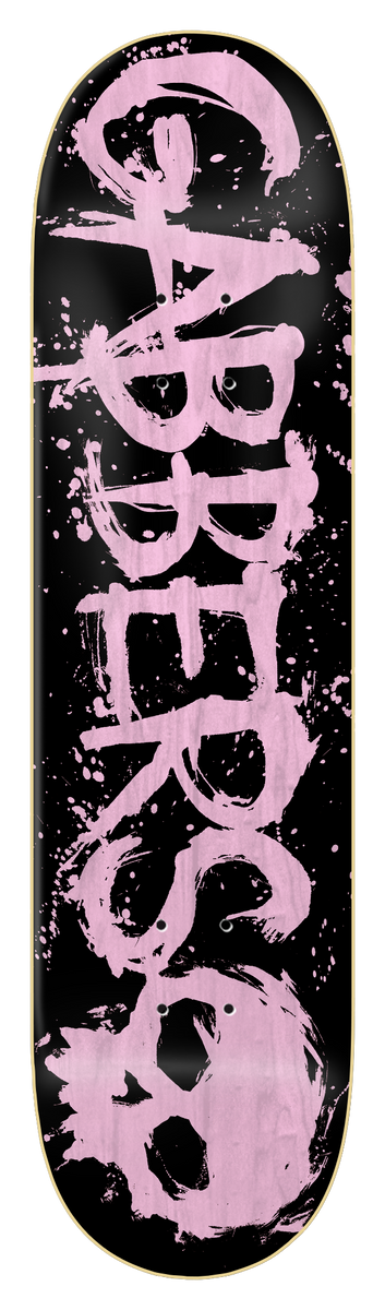 Zero Gabbers Blood - Pink 8.5 skateboard deck: Black deck with the word GABBERS in large splattered, brush-painted pale pink capitals running the length of the board, with a skull shape at the tail.