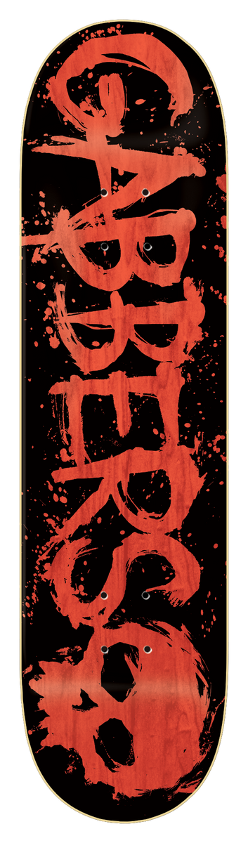 Zero Gabbers Blood - Red 8.25 skateboard deck: The word GABBERS in rough, dripping blood-red brush lettering running up a black deck, with splatters and a skull shape at the bottom corner.