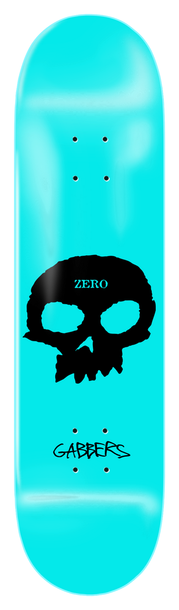Zero Gabbers - Signature Single Skull skateboard deck: A single black Zero skull with a small 'Zero' label on the forehead, on a bright aqua deck. 'Gabbers' is written in a black handwritten script at the tail.