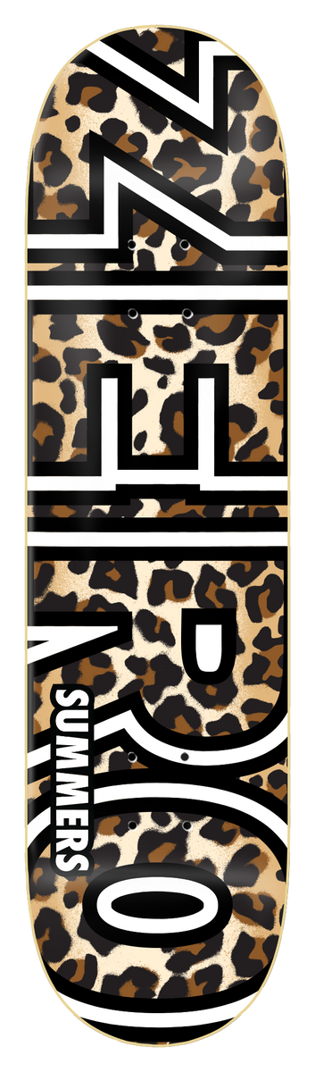 Zero Gabbers - Cheetah Bold skateboard deck: Bold white outlined Zero lettering across a cheetah-spot print in tan, brown and black, with the name Summers in small white capitals near the tail.