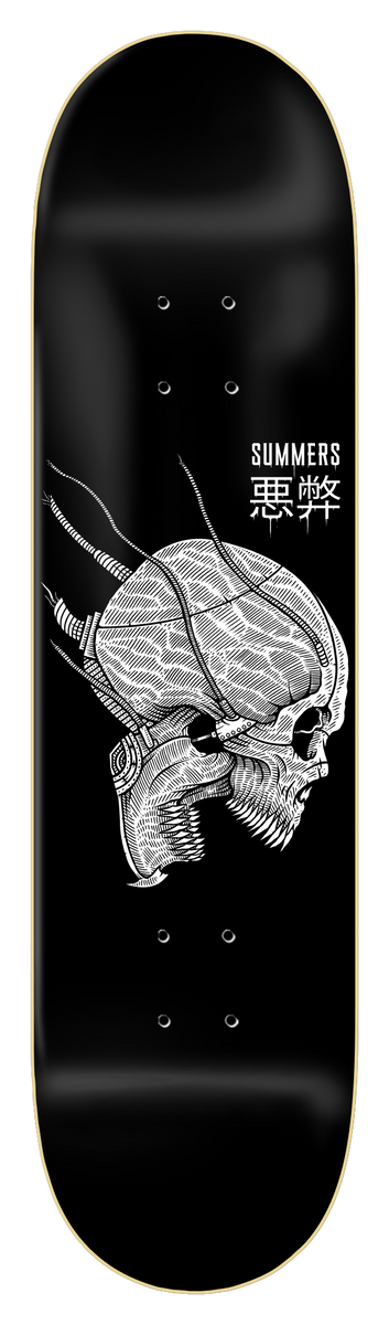 Zero Gabbers - Cyber Skull skateboard deck: A white line-engraved cyborg skull in profile with cables and wires plugged into its head, on a black deck. The name Summers and Japanese characters sit at the top.