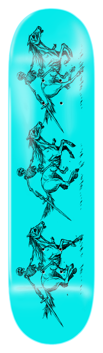Zero Gabbers - Pale Horse skateboard deck: Black line drawing of a skeleton rider on a rearing horse with a lance, repeated three times down the deck on a flat turquoise background.