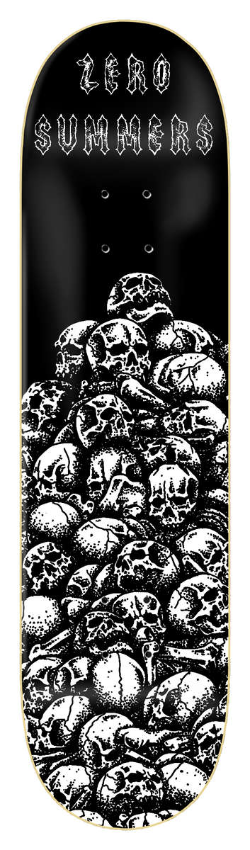 Zero Gabbers - Thulsa Doom skateboard deck: A heap of detailed stippled white skulls rising from the bottom of a black deck, with gothic-style Zero Summers lettering at the top.