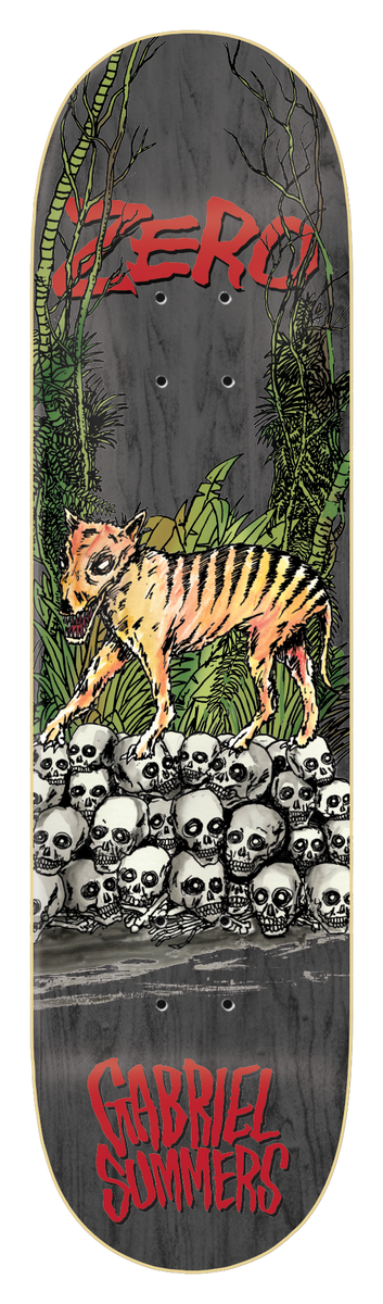 Zero Gabbers - Tasmanian Tiger 8.25 skateboard deck: A striped Tasmanian tiger standing on a pile of white skulls in a green jungle, on a dark grey wood-stained deck, with red Zero lettering at the top and the rider name at the bottom.