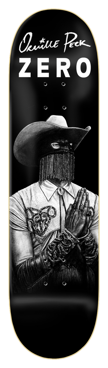 Zero Hope To Die 8.25 skateboard deck: Black and white illustrated figure in a cowboy hat with a beaded chain veil over the face, hands pressed together in prayer, wearing a embroidered western shirt and studded cuffs. Script name and Zero logo across the top.