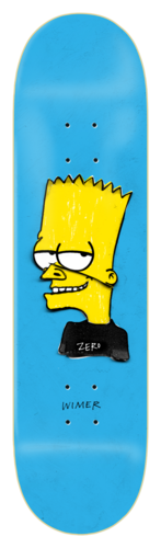 Zero Iconoclash - Wimer skateboard deck: A Bart Simpson head with heavy-lidded eyes and a smirk, drawn in a rough, scratchy style and cut out like a sticker, on a flat light blue deck. The Zero tag is on his collar.