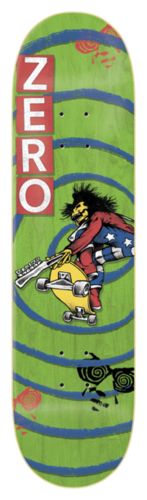 Zero INXS - Burman 8.25 skateboard deck: Green deck with blue concentric spiral rings and small red swirls. A punk figure with spiky hair in a stars-and-stripes outfit rides a yellow skateboard while holding a guitar. White Zero lettering on a red block at the nose.