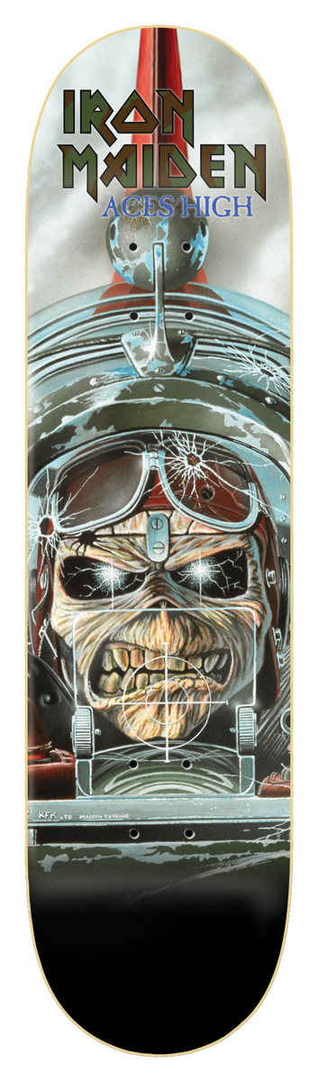 Iron Maiden Iron Maiden - Aces High 8.375 skateboard deck: Painted illustration of the skeletal mummified Eddie in a pilot's helmet and goggles, glowing white eyes, peering from a bullet-riddled fighter plane cockpit with a gunsight over his face. Band logo and album title at the top.