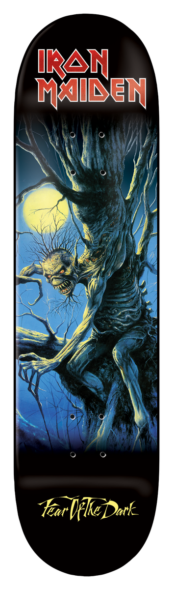 Iron Maiden Iron Maiden - Fear Of The Dark (Final Edition) 8.25 skateboard deck: Album artwork of a gaunt, tree-like creature crouching in bare branches under a full yellow moon, in blue night tones. Red Iron Maiden logo above on black, with yellow script title below.
