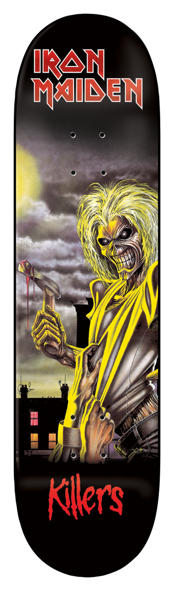 Iron Maiden Iron Maiden - Killers (Final Edition) 8.25 skateboard deck: Reproduction of the Iron Maiden 'Killers' album cover: a wild-haired zombie-like figure in a yellow scarf holds a bloody hatchet in front of a moonlit, cloudy night and a dark terrace of houses. Red band logo at top, red 'Killers' script at the tail.